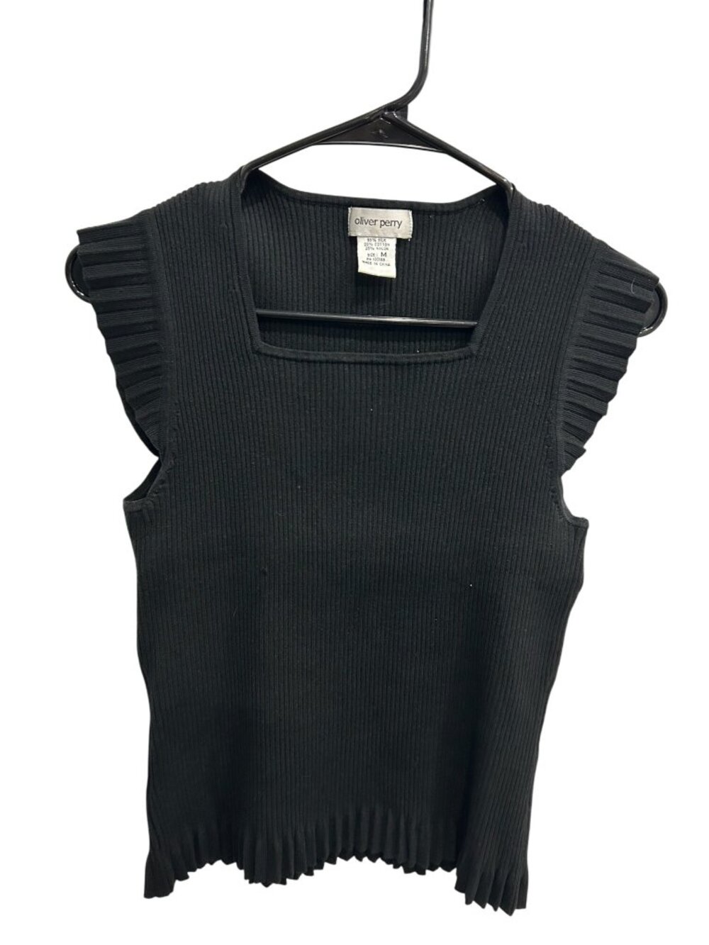 Oliver Perry Black Ribbed Square Neck Fluted Hem Sleeveless Top Size M Calmcore